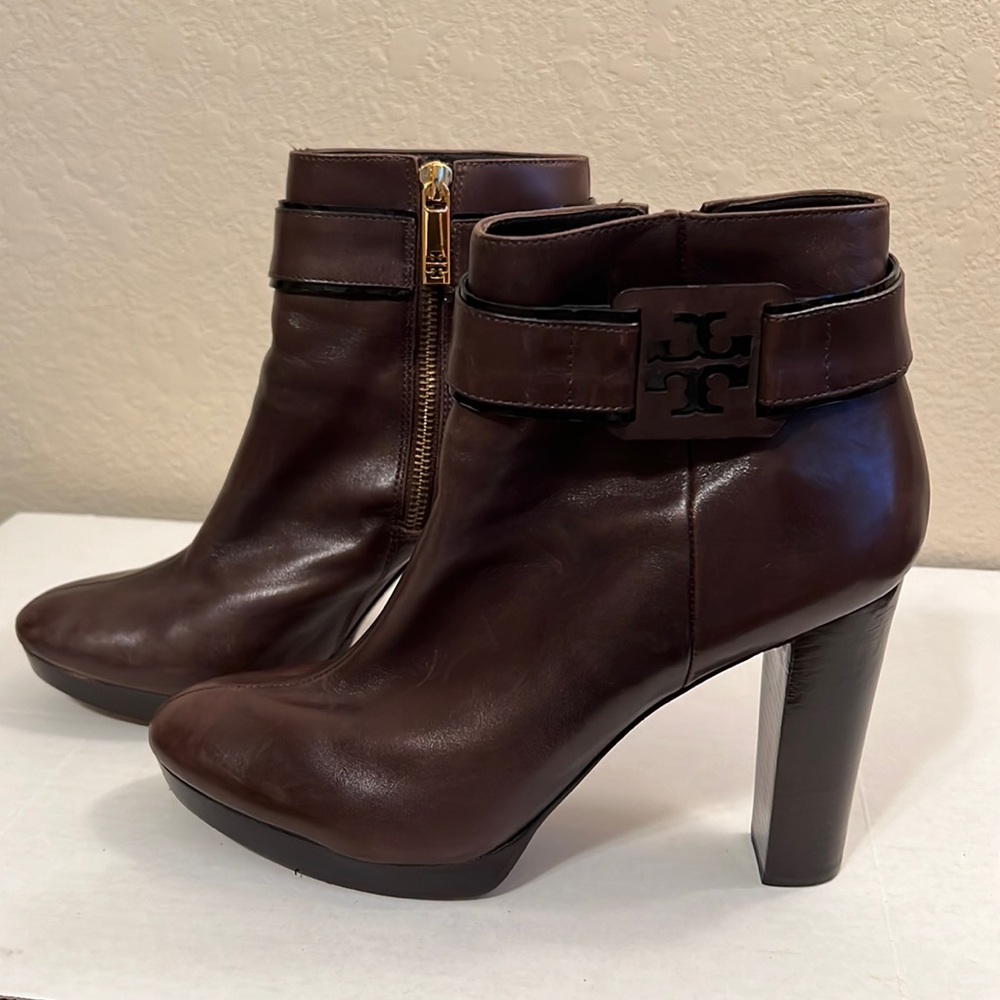 Tory Burch Barrick brown leather platform ankle boots - Picture 1 of 8